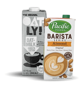 Alternative milks selection including oatly and pacific foods